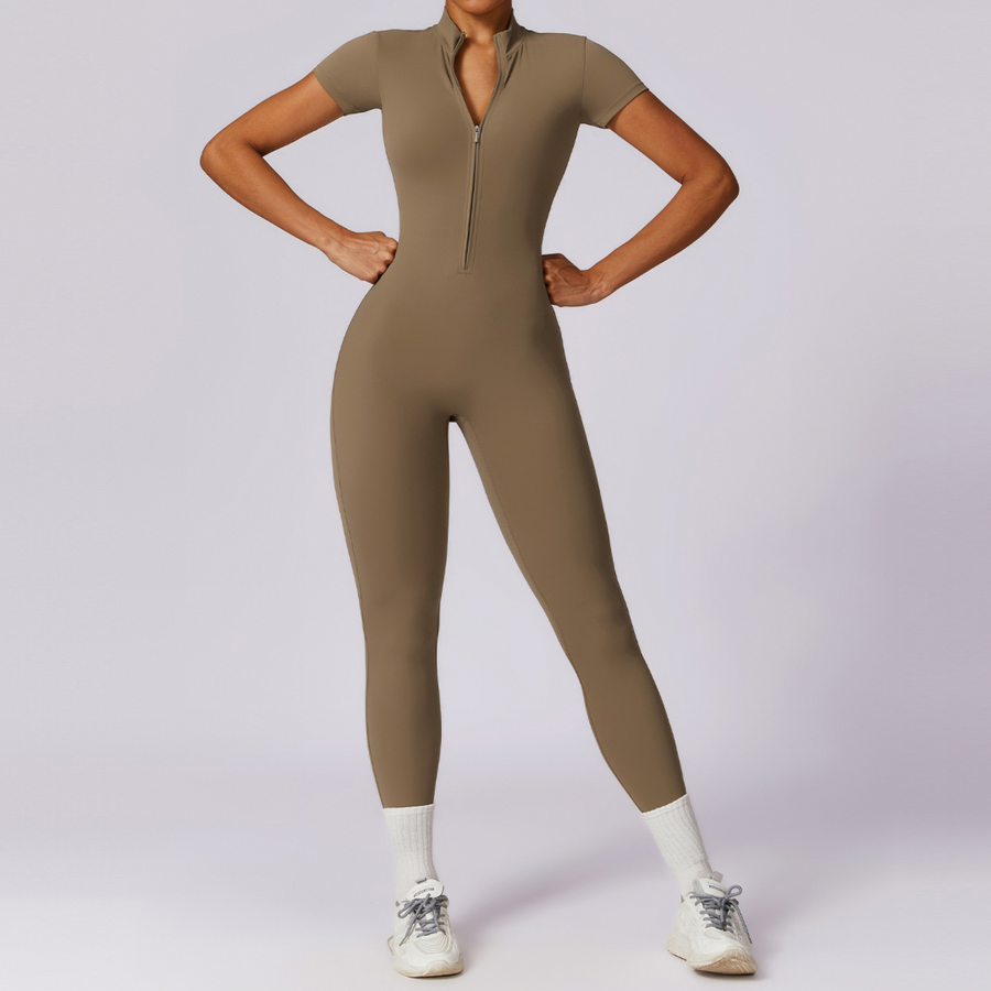 Classic Short-Sleeve Zipped Jumpsuit - Khaki