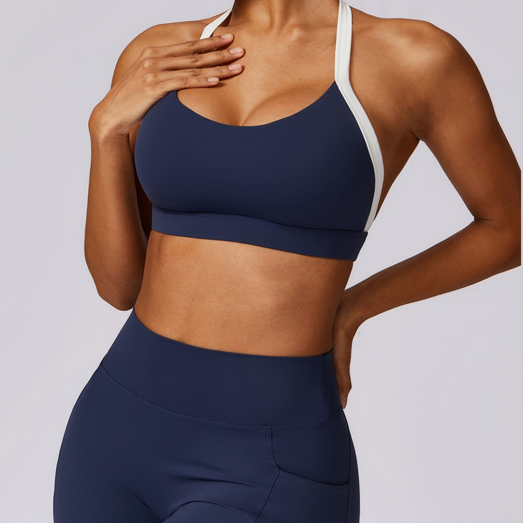 Λευκό λουράκι Κομψό, εξώπλατο Crop Top - Navy 