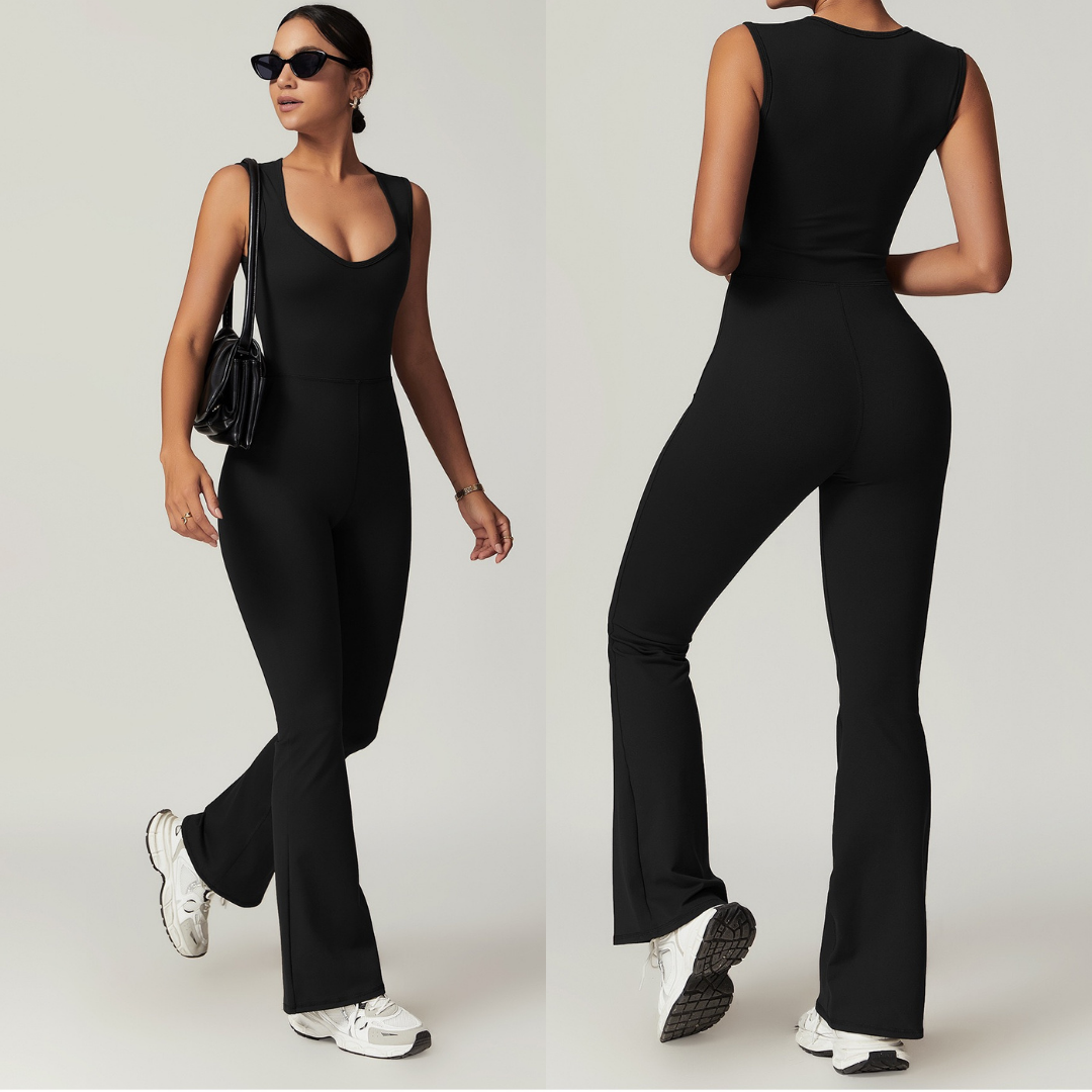 CATHY V-Shape Top Flared Bottom Jumpsuit - Black