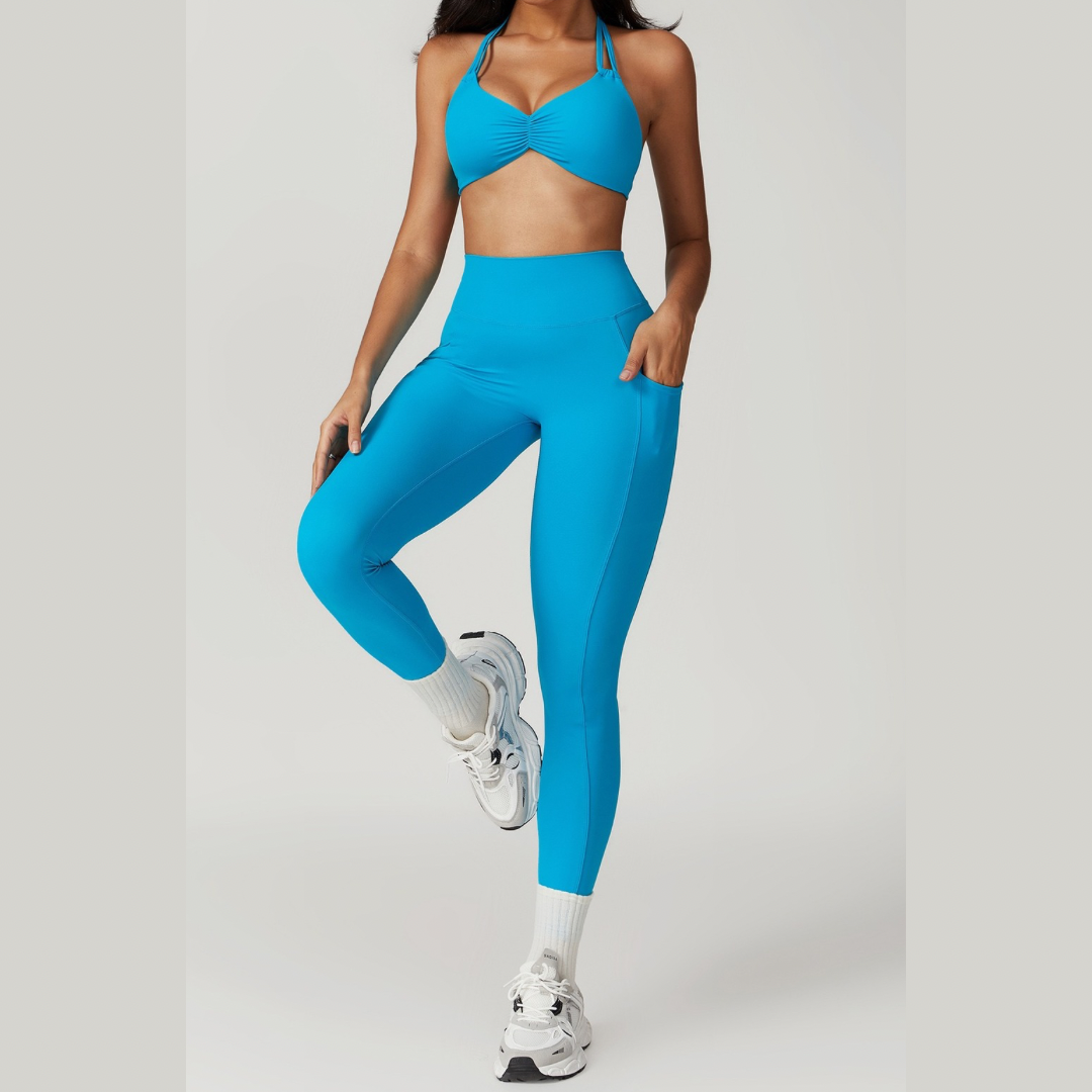 LUNA Chic Backless Top V-Shaped Legging Set- Blue