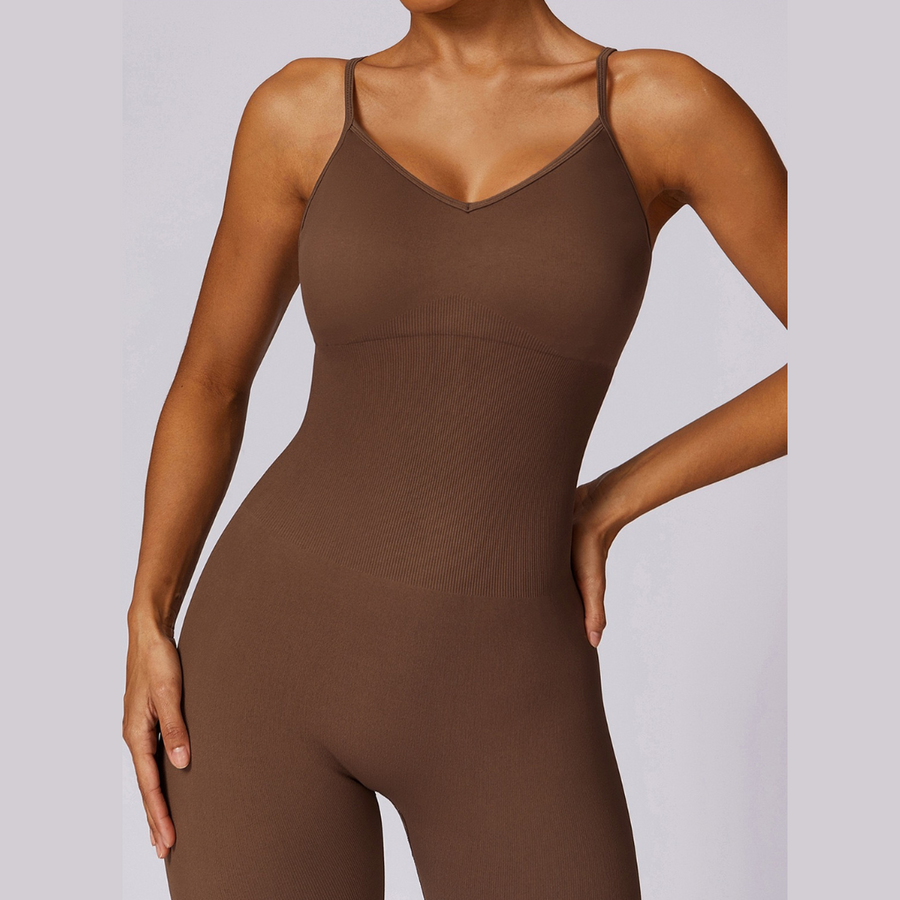 Slim Waist Backless Seamless Jumpsuit - Brown