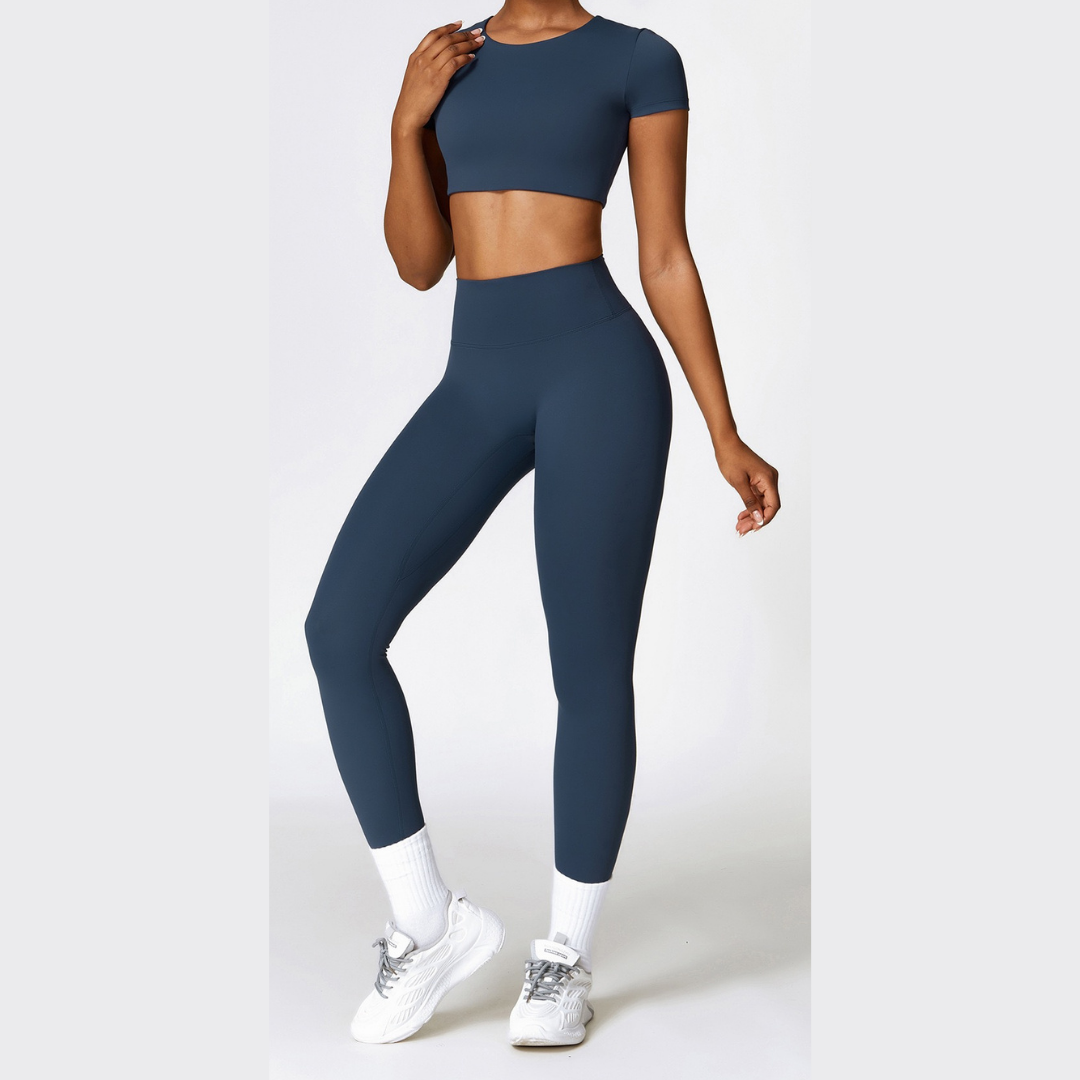 Comfy Short Sleeve Crop Top Legging Set - Navy Blue