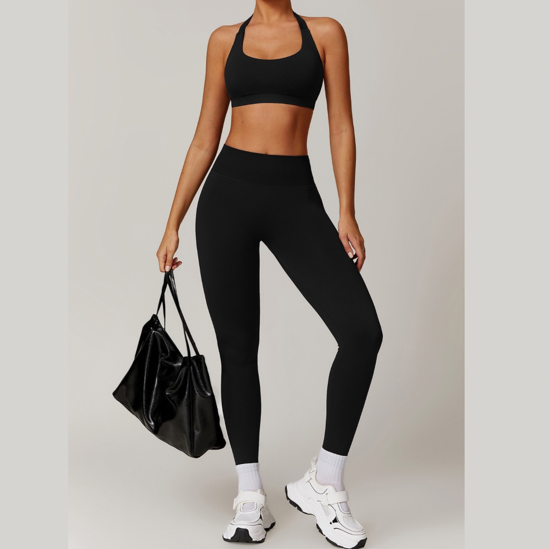 SANDY Seamless Backless Top Legging Set - Black