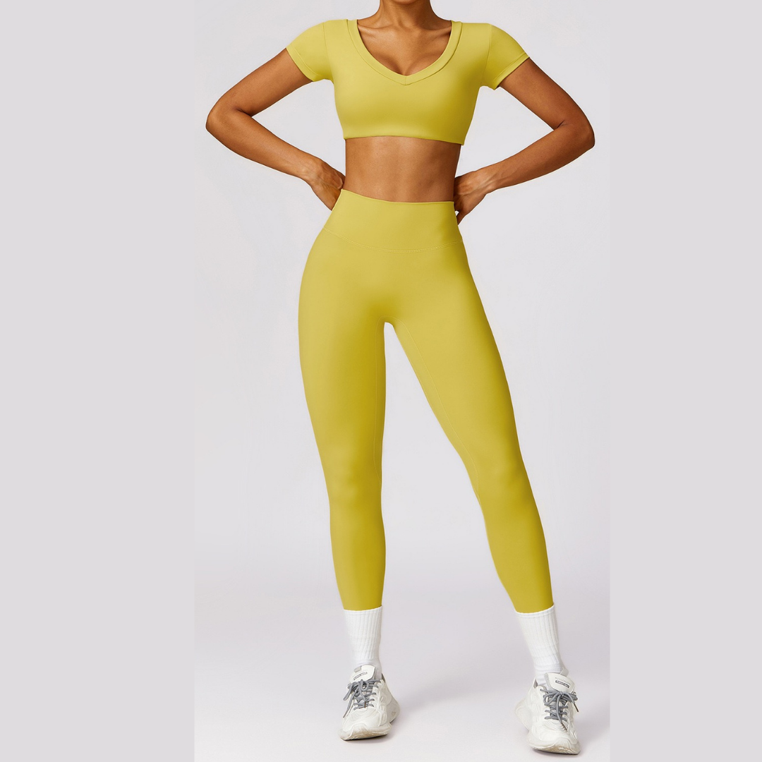 Short Sleeve Premium Scrunched Legging Set - Lemon Yellow