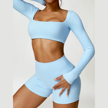 Stylish Long-Sleeve Top Scrunched Short Set - Blue