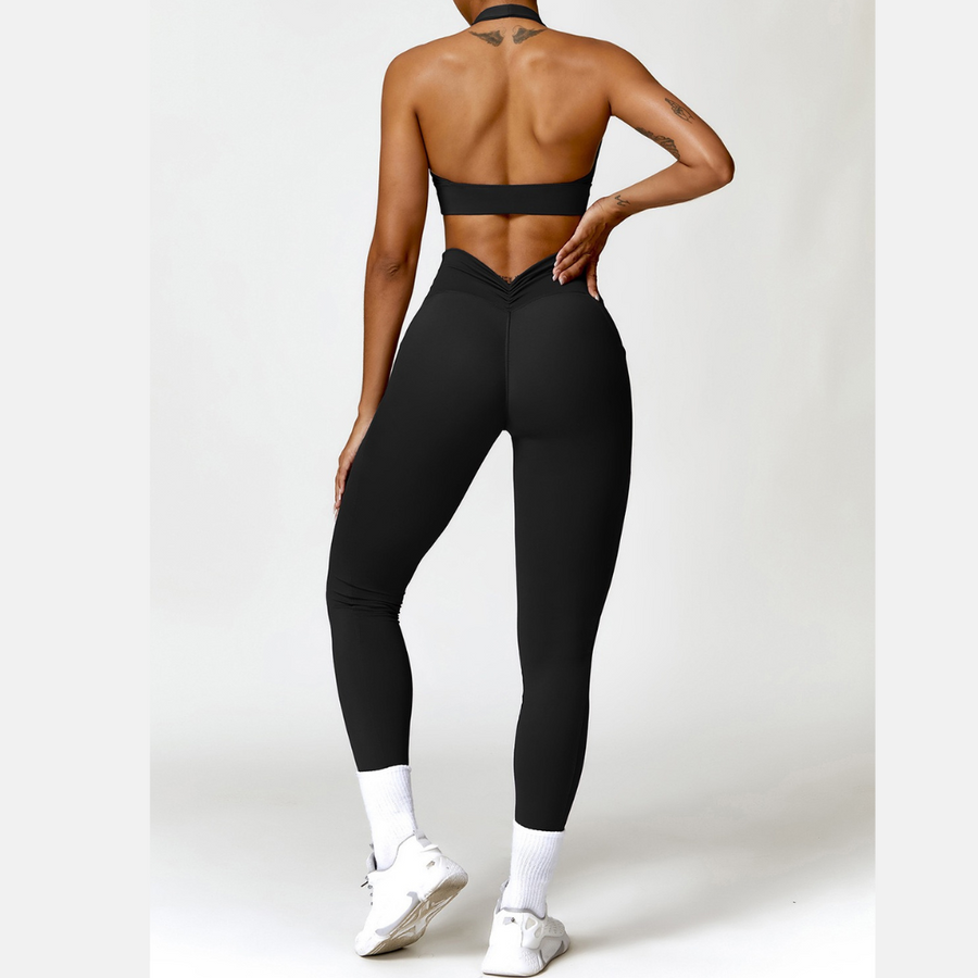 Backless Stylish Top V-Shape Legging Set - Black