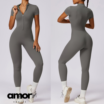 Classic Short-Sleeve Zipped Jumpsuit - Grey