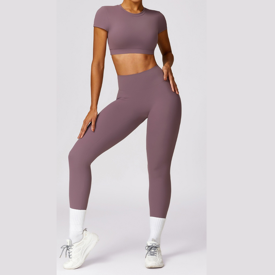 Stylish Short Sleeve Scrunch Legging Set - Smoky Rose