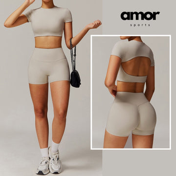 EVA Premium Short Sleeve Top Short Set - Beige