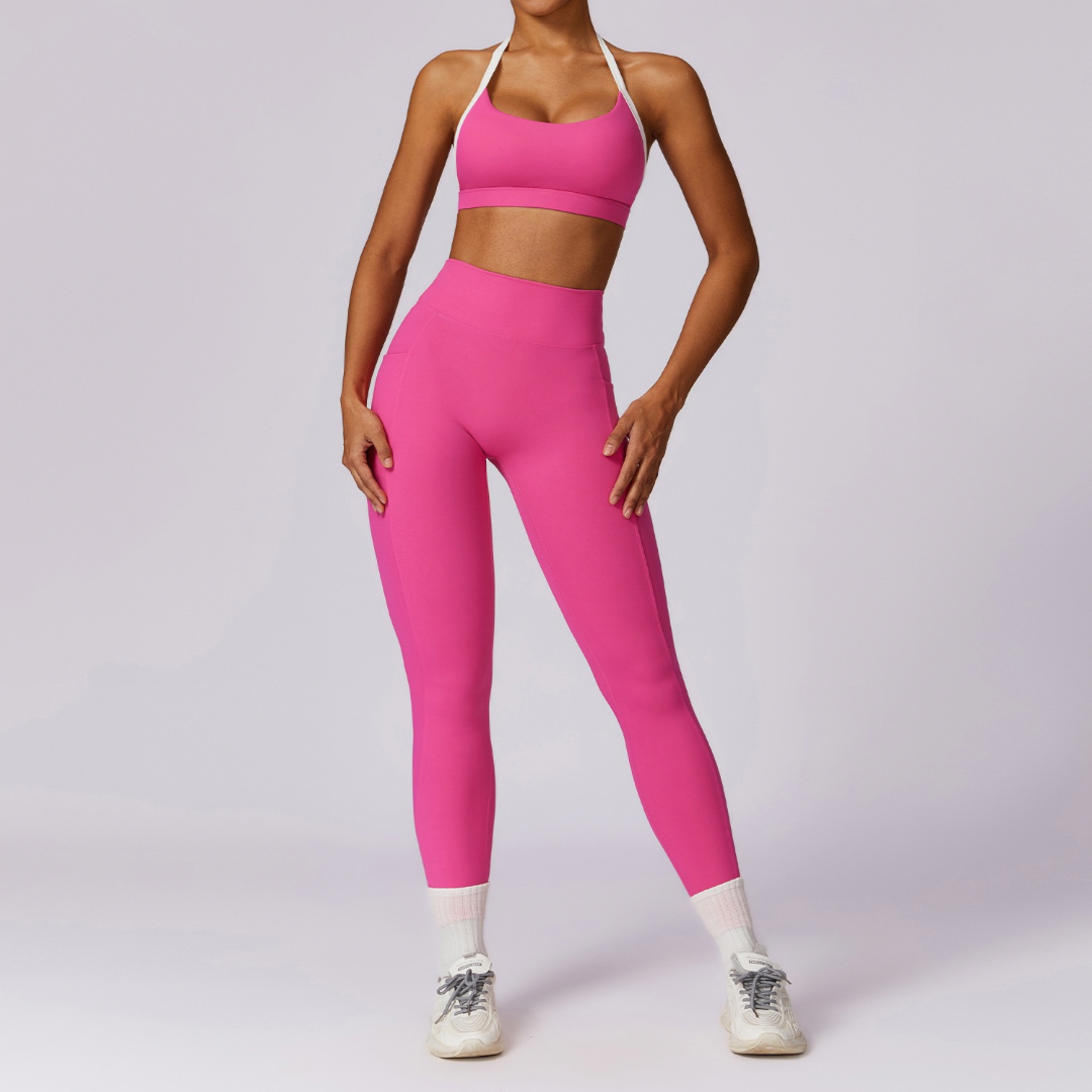 White Strap Backless V-Shape Legging Set - Pink