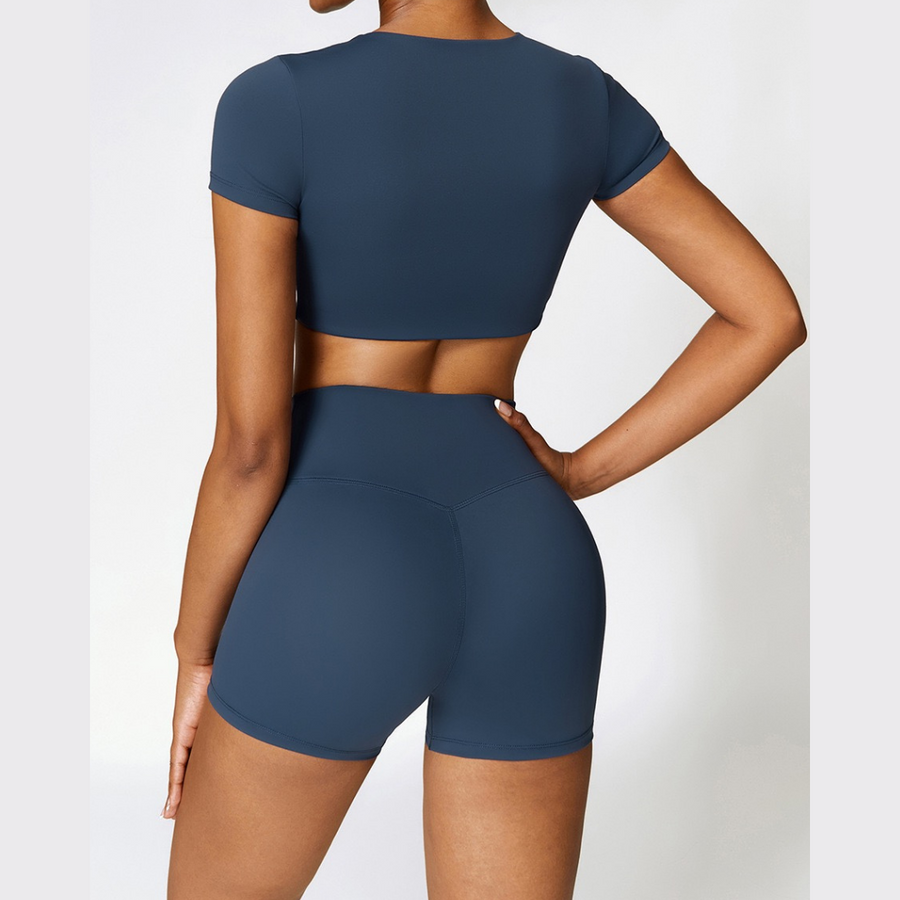 CHRISTIA Comfy Short Sleeve Crop Short Set - Navy