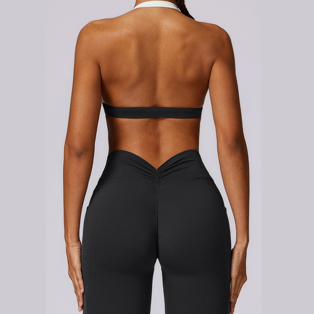 White Strap Backless V-Shape Legging Set - Black