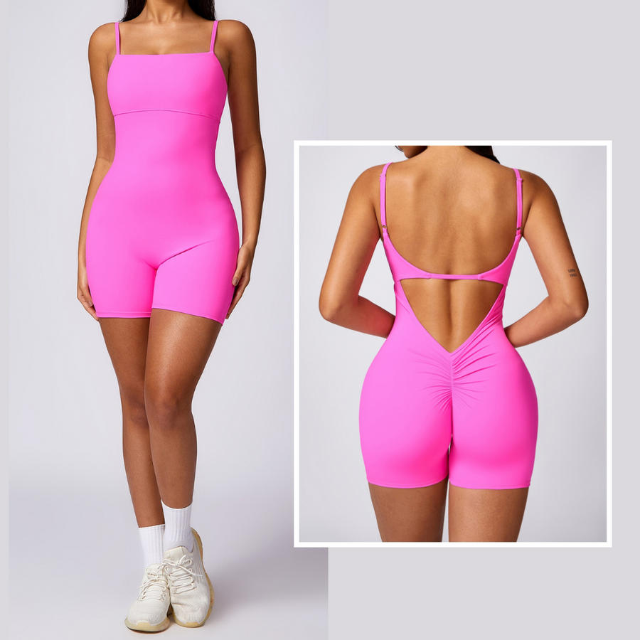 Deep V Scrunched Romper - Pink