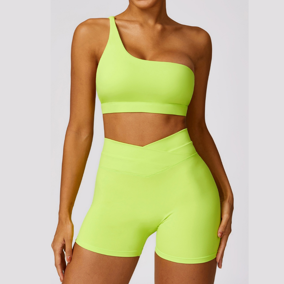 Single Shoulder Top with Short Set - Lime Yellow