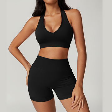 V-Neck Stylish Scrunched Short Set - Black