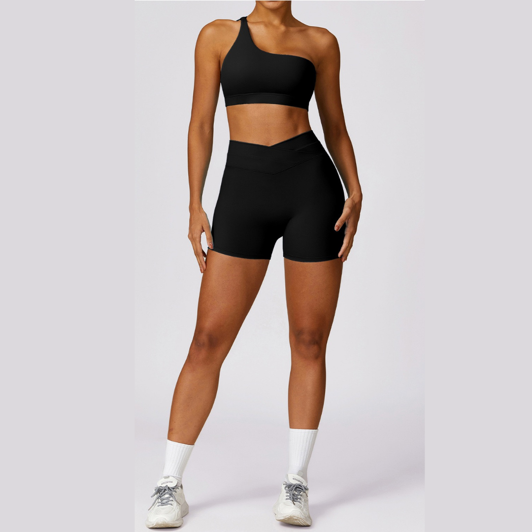 Single Shoulder Top with Short Set - Black