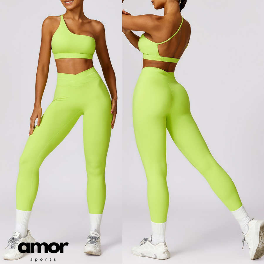 Single Shoulder Stylish Design Legging Set - Lime Yellow