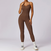 Slim Waist Backless Seamless Jumpsuit - Brown