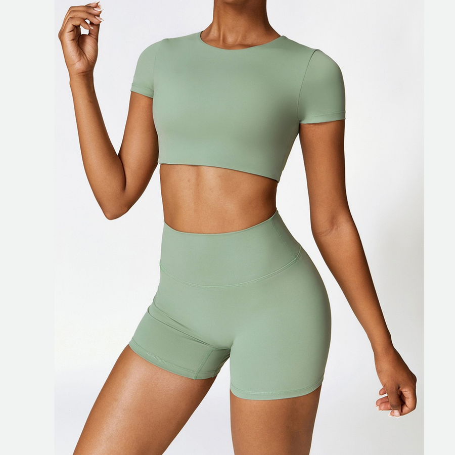 CHRISTIA Comfy Short Sleeve Crop Short Set - Green