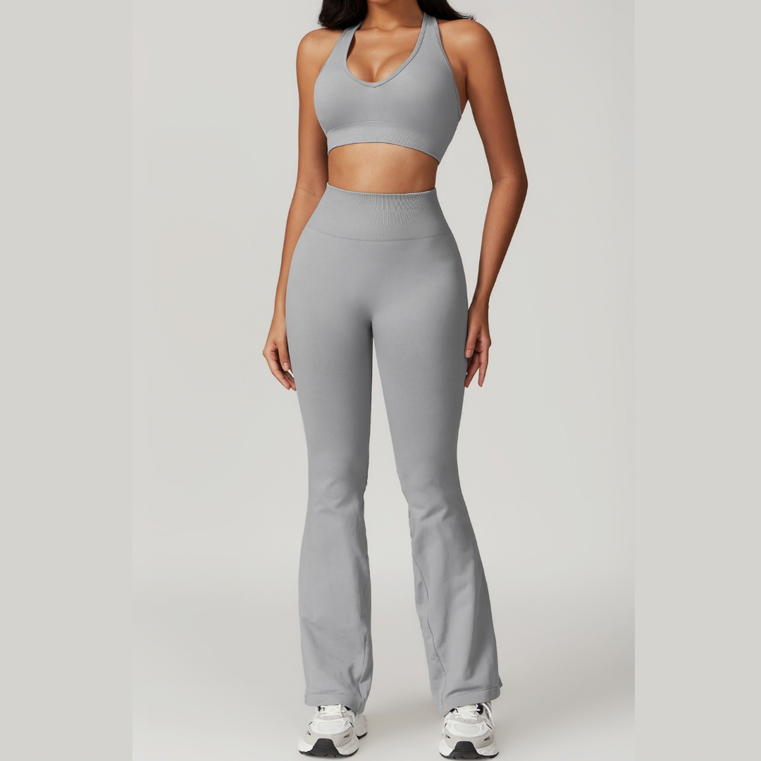 V-Neck Stylish Scrunched Flared Legging Set - Grey