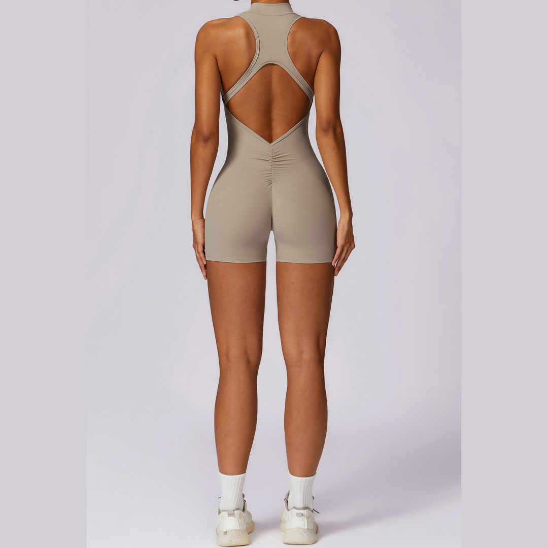 Stylish Zipper Scrunched Romper - Cement