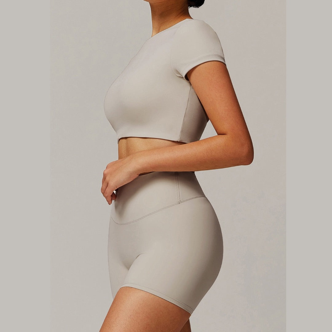 EVA Premium Short Sleeve Top Short Set - Beige