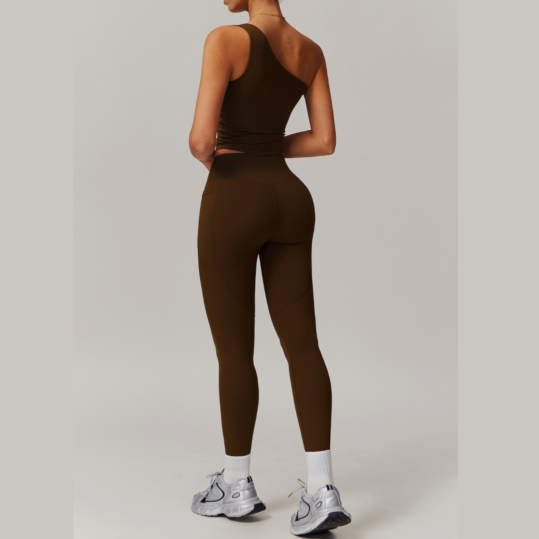 NANA Single Shoulder Top Legging Set - Coffee