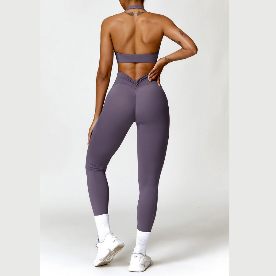 Backless Stylish Top V-Shape Legging Set - Foggy Purple