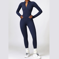 Zipped Long-sleeve Knit Jumpsuit - Navy Blue