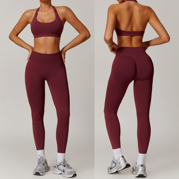 SANDY Seamless Backless Top Legging Set - Burgundy
