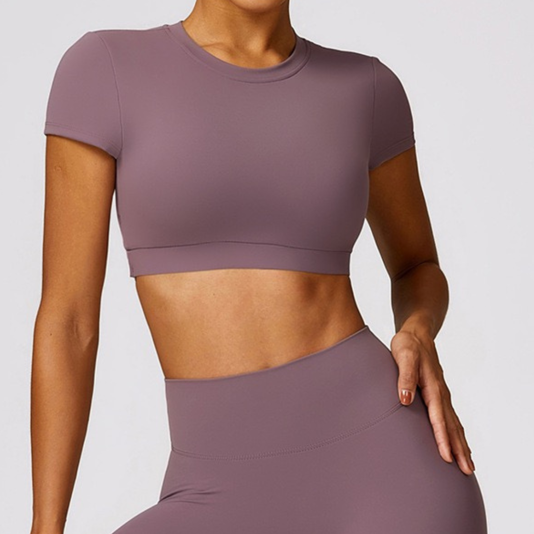 Κομψό σχέδιο χωρίς πλάτη με κοντό μανίκι Crop Top - Smoky Rose 