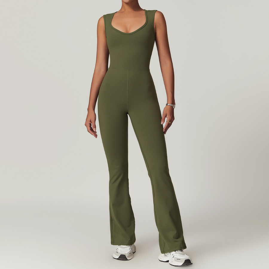 CATHY V-Shape Top Flared Bottom Jumpsuit - Olive