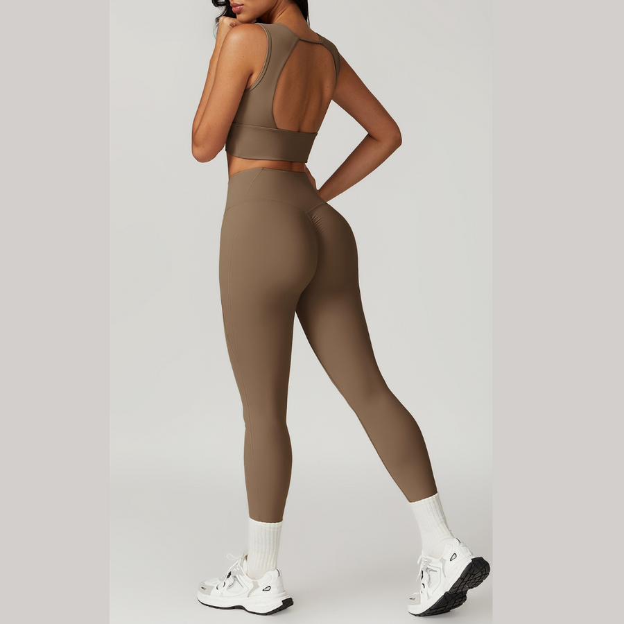 BELLE Chic Style Open Back Legging Set - Brown