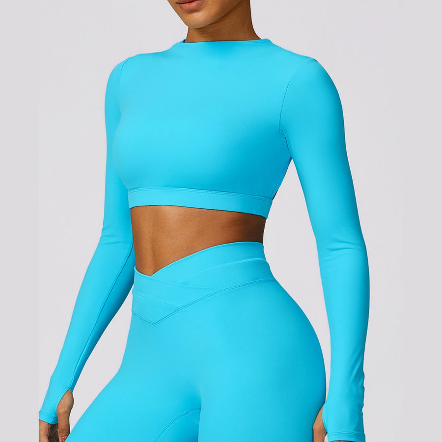 Elegant Long Sleeve Premium Crop Top - Blue