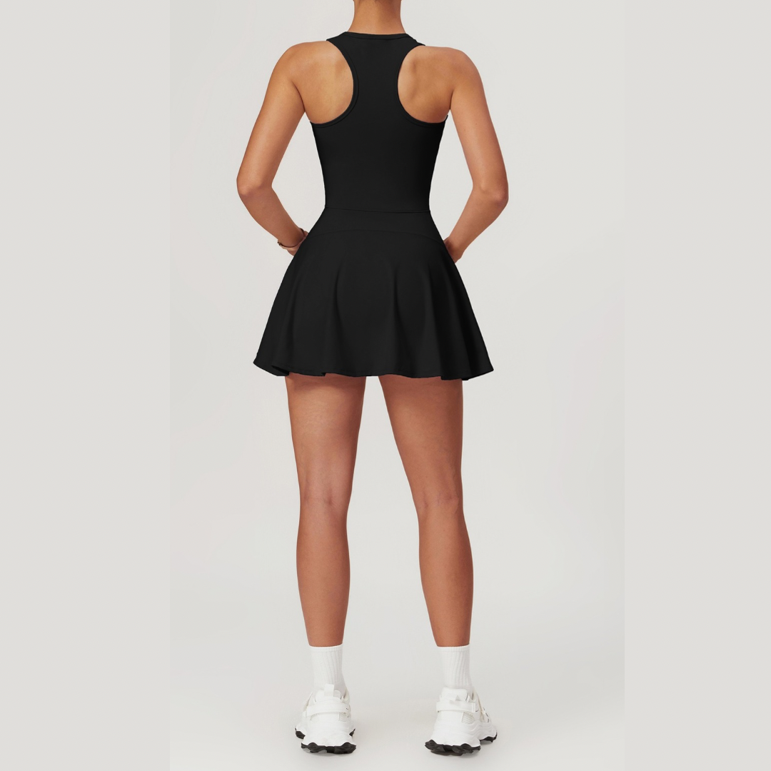 ANYA Tennis Zipped Stylish One Piece Sports Dress - Black