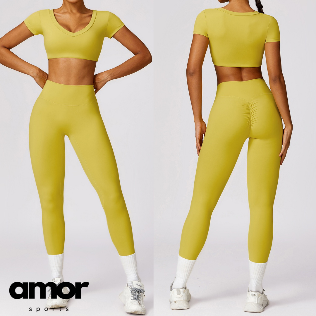 Short Sleeve Premium Scrunched Legging Set - Lemon Yellow