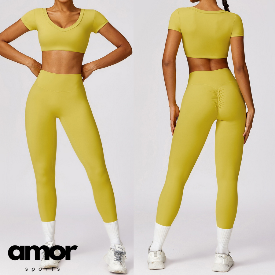 Σετ κοντομάνικο Premium Scrunched Legging - Lemon Yellow 