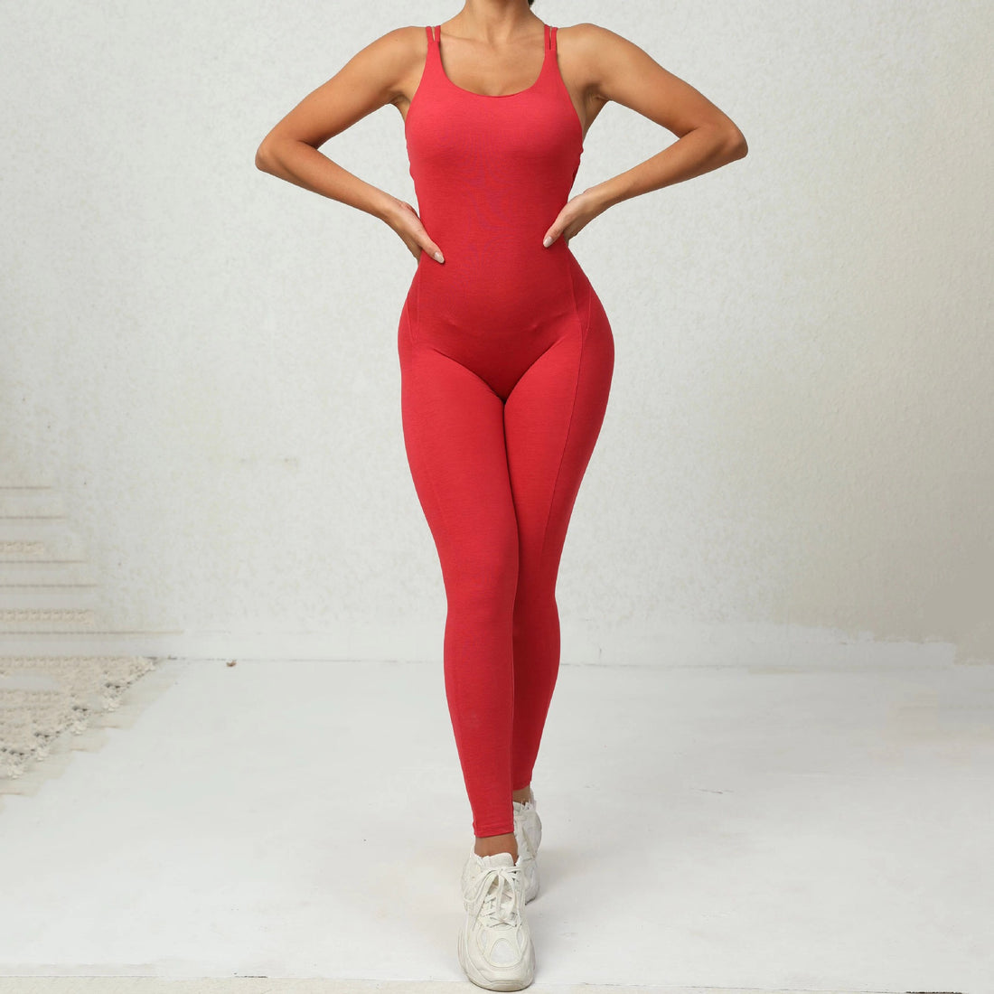 U-Neck Double X-Back Jumpsuit - Red