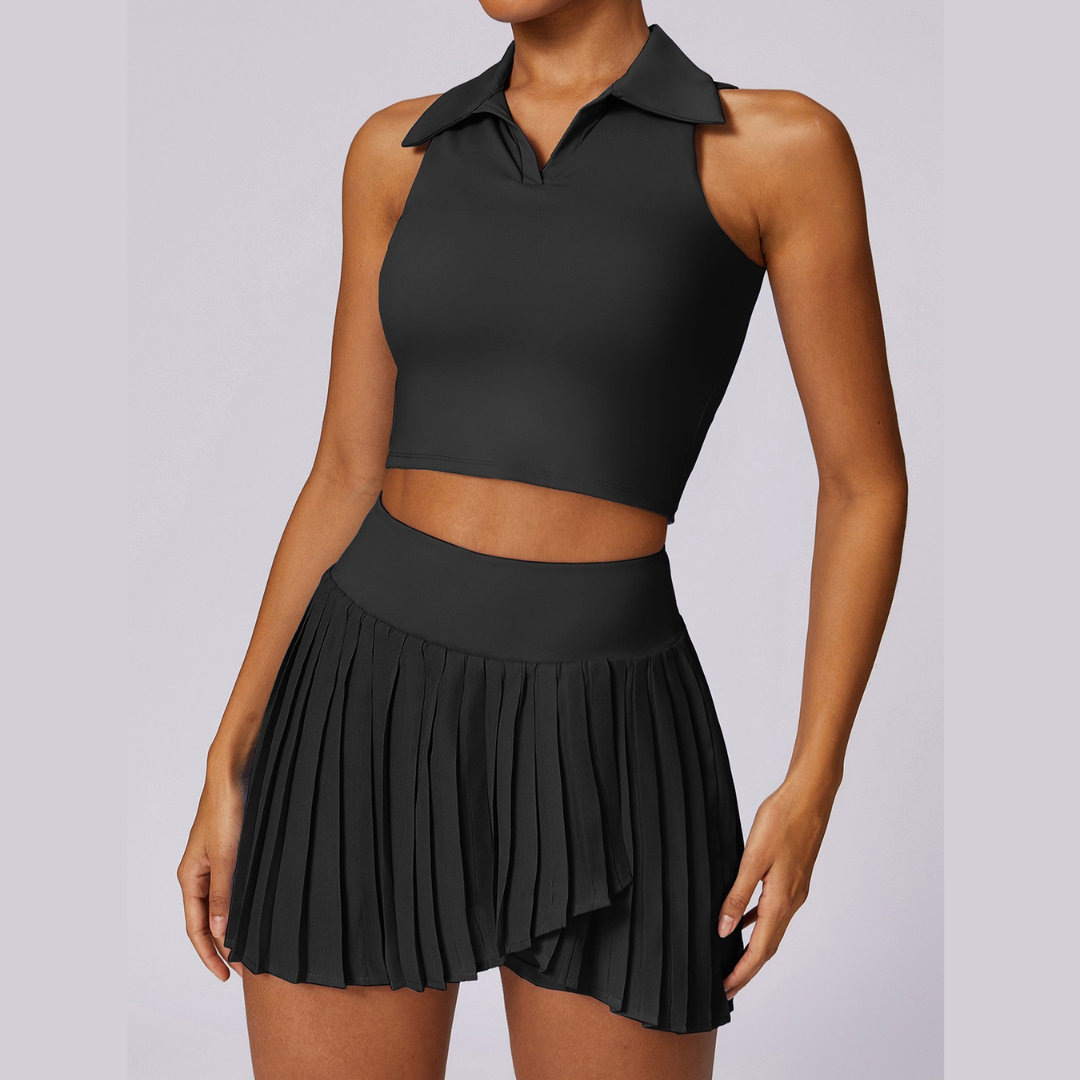 Vest Top Cute Tennis Skirt Set - Black