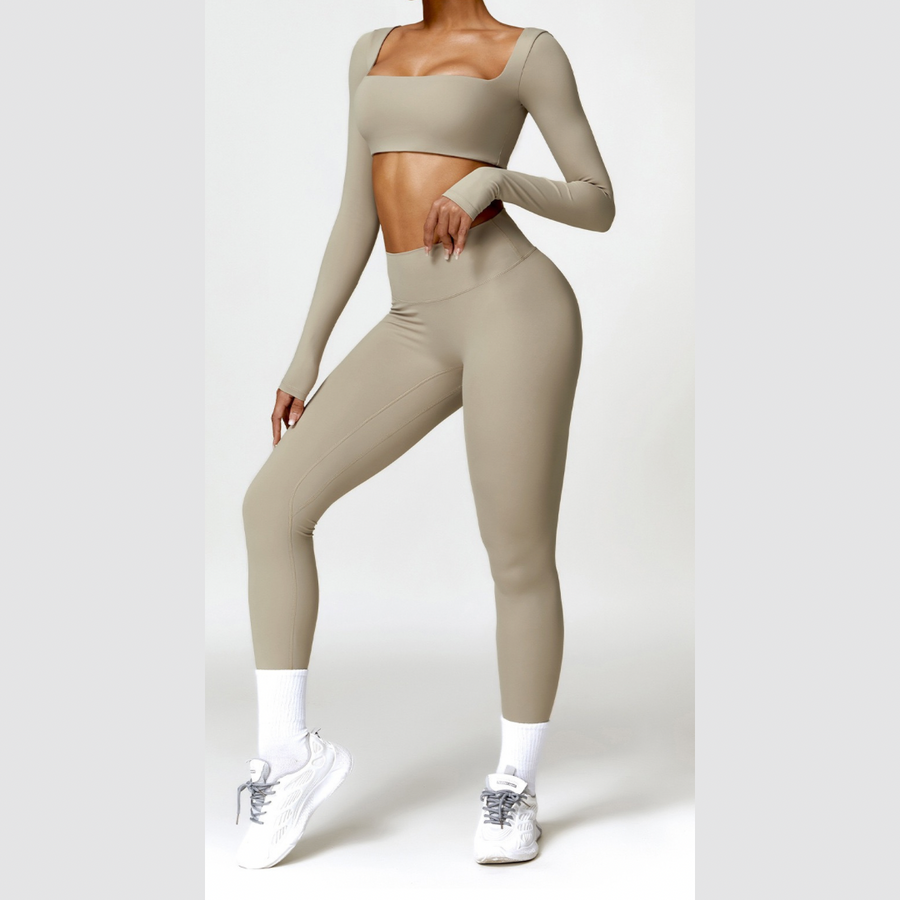 Κομψό μακρυμάνικο τοπ Skinny Scrunched Legging Set - Τσιμέντο 