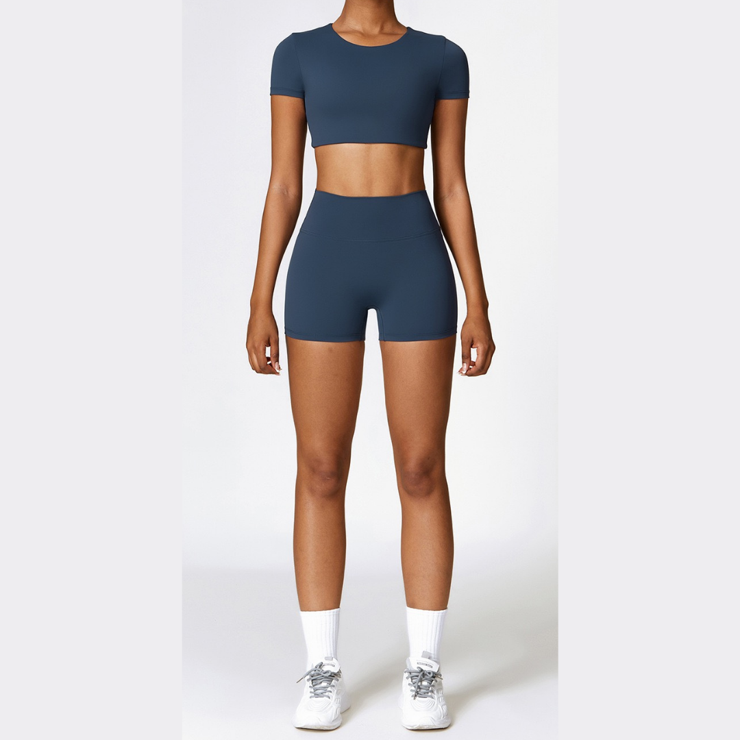 CHRISTIA Comfy Short Sleeve Crop Short Set - Navy