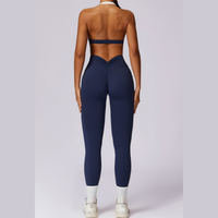 White Strap Backless V-Shape Legging Set - Navy