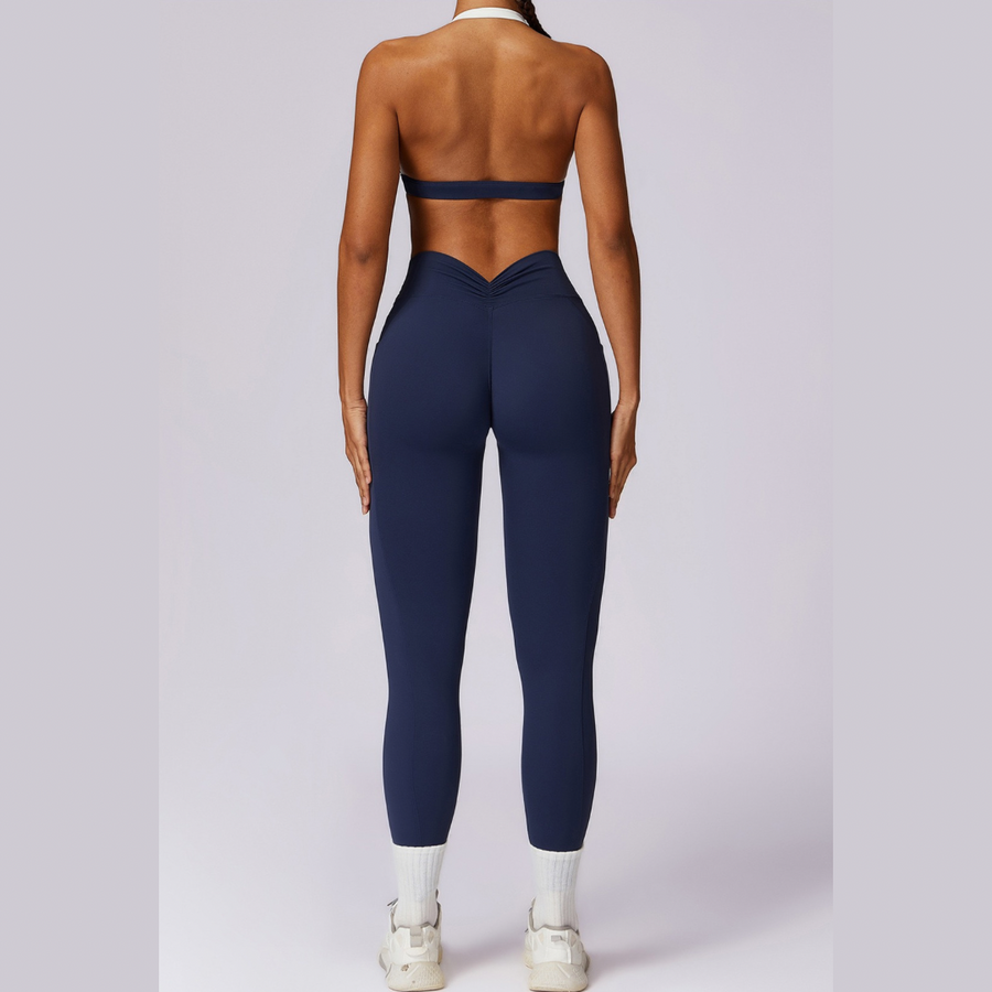 White Strap Backless V-Shape Legging Set - Navy