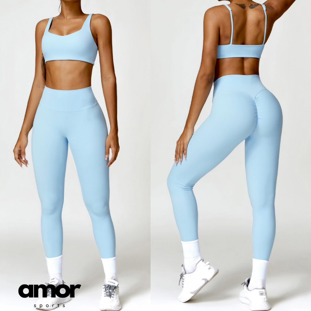 V-Top Skinny Scrunched Legging Set - Μπλε 