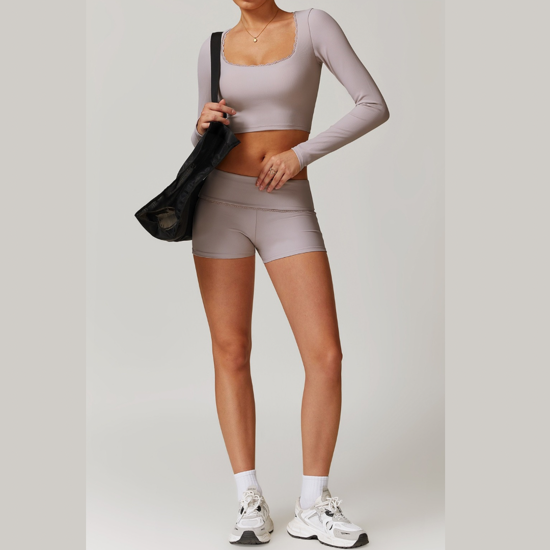 BONI Long Sleeve Top with Short Set - Beige