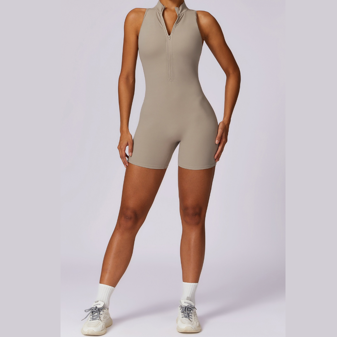 Stylish Zipper Scrunched Romper - Cement