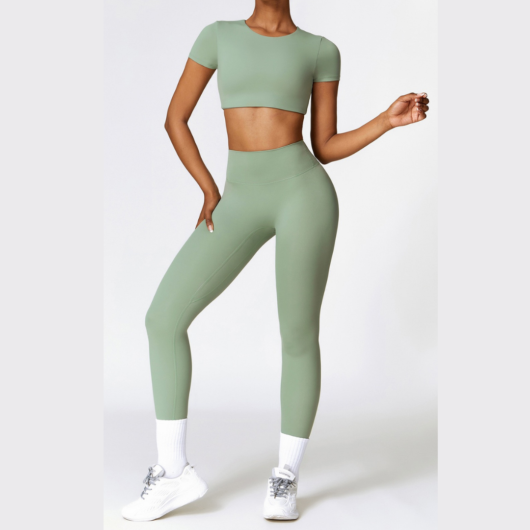 Comfy Short Sleeve Crop Top Legging Set - Green