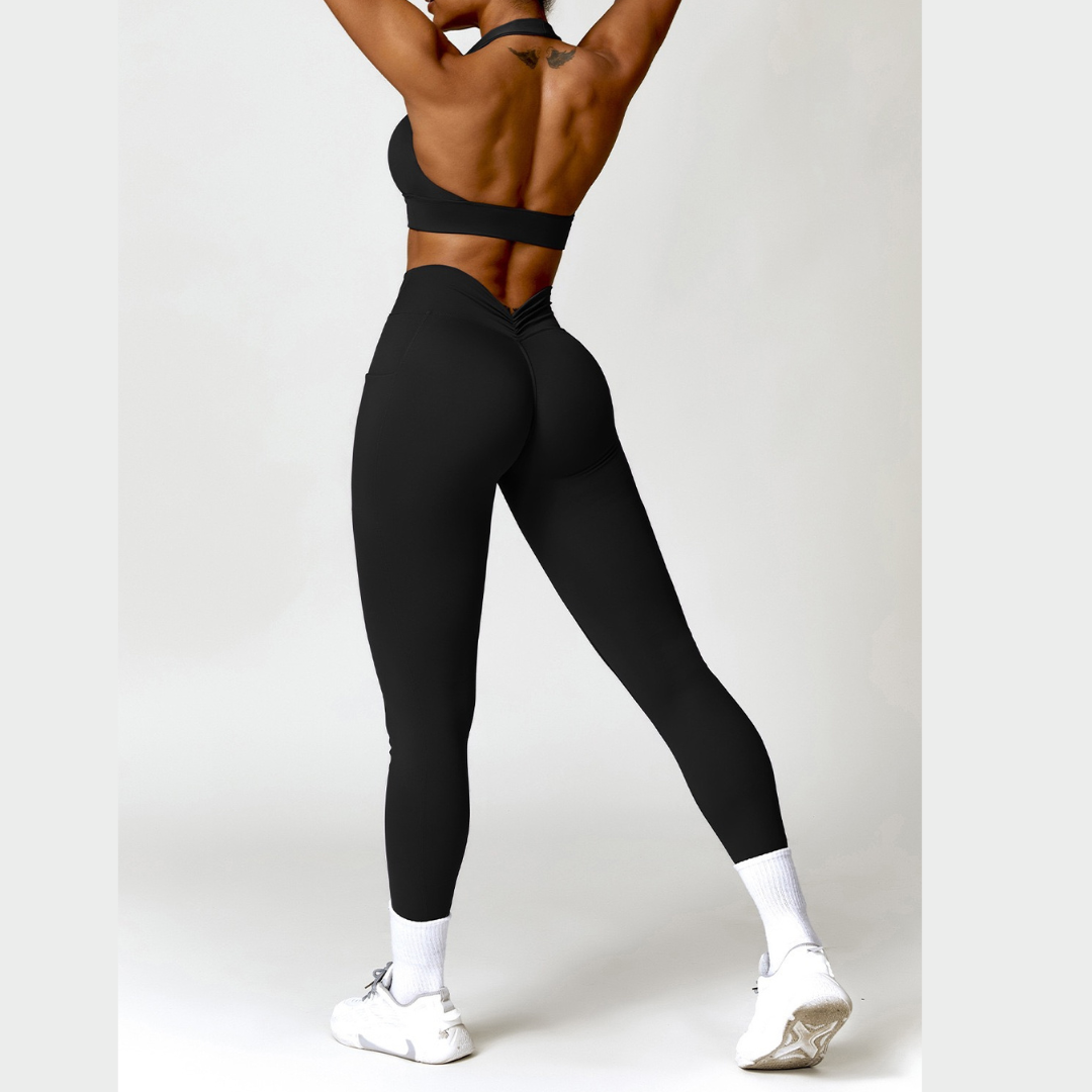 Backless Stylish Top V-Shape Legging Set - Black