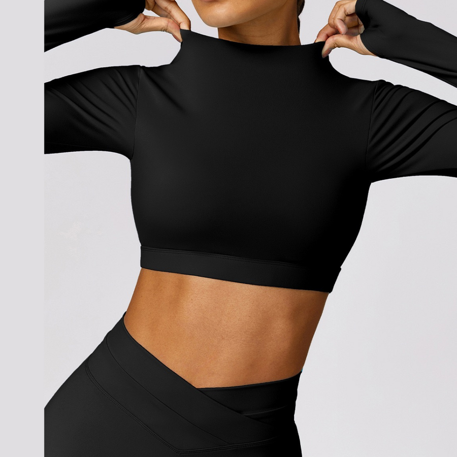 Κομψό μακρυμάνικο Premium Crop Top - Μαύρο 