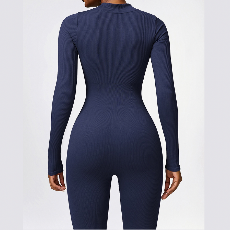 Zipped Long-sleeve Knit Jumpsuit - Navy Blue